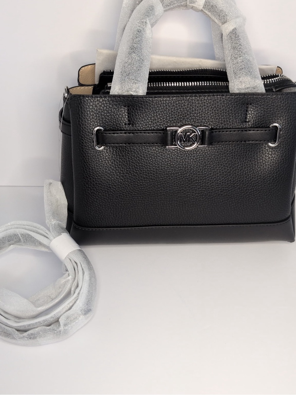 Michael Kors Reed Black Pebbled Leather Satchel with Silver MK Emblem